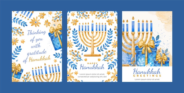 Watercolor greeting cards collection for jewish hanukkah holiday