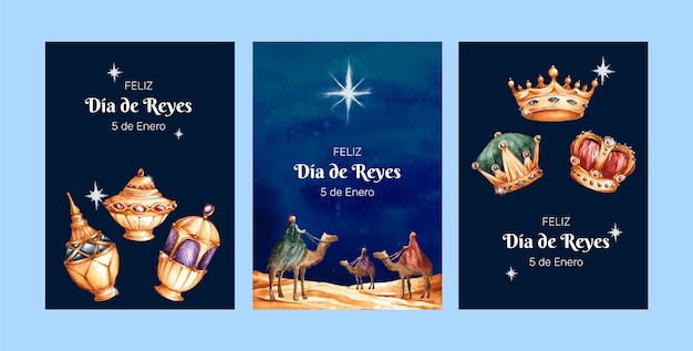 Vettore gratuito collezione di biglietti d'auguri ad acquerello per reyes magos