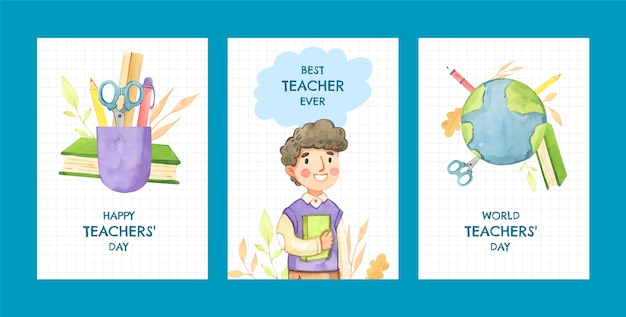 Free vector watercolor greeting cards collection for world teacher's day celebration