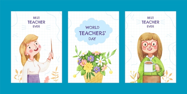 Watercolor greeting cards collection for world teacher's day celebration