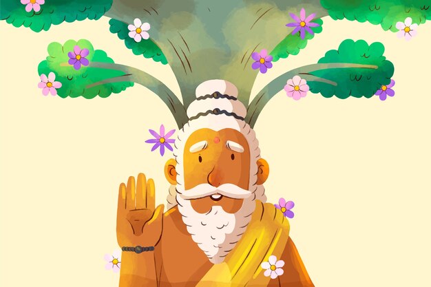 Watercolor guru purnima background with bearded monk