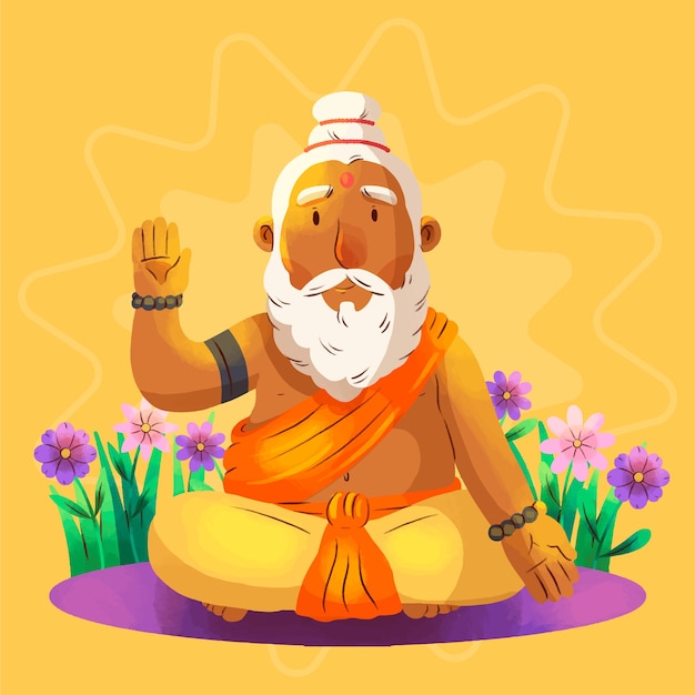 Watercolor guru purnima illustration with bearded monk and flowers