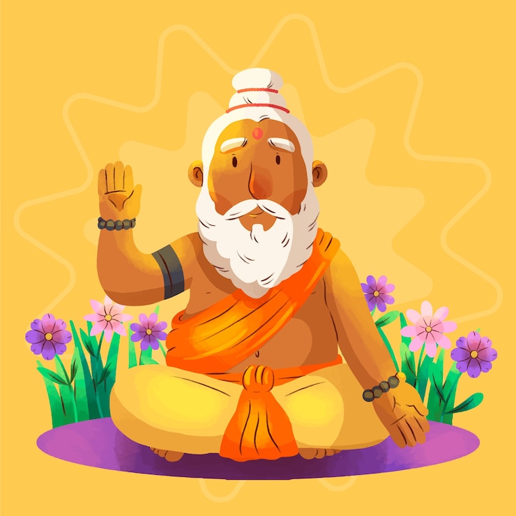 Free Vector watercolor guru purnima illustration with bearded monk and flowers
