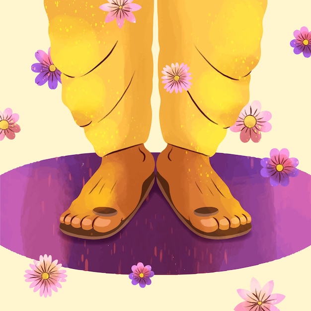 Vettore gratuito illustrazione dell'acquerello guru purnima con piedi e fiori