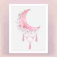 Free vector watercolor half moon in bright pink shade with flower