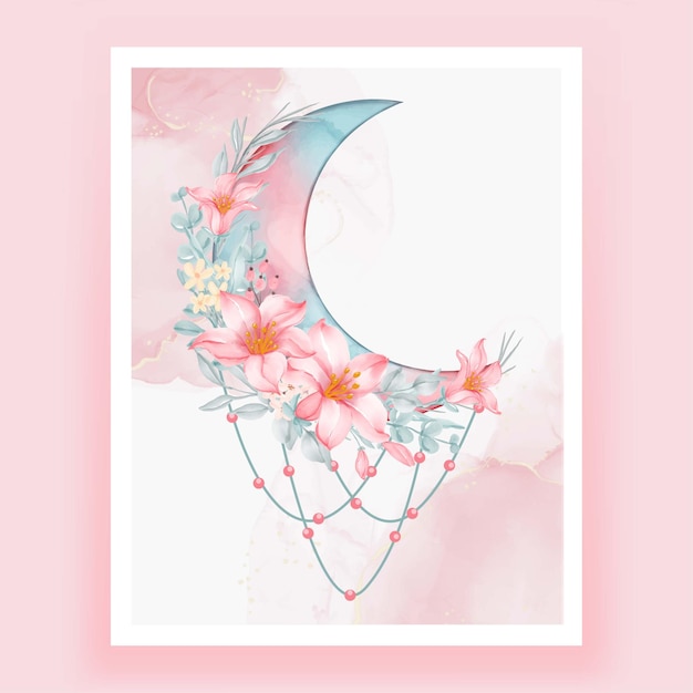 Mezza luna dell'acquerello con fiore di pesco rosa