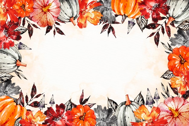 Watercolor halloween background with pumpkins and flowers