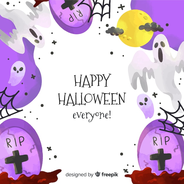 Watercolor halloween background with purple tombstones