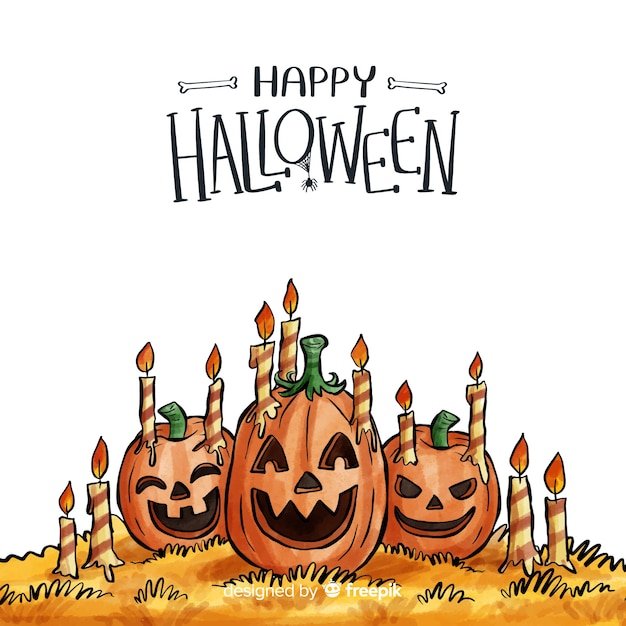 Watercolor halloween background with smiley pumpkins