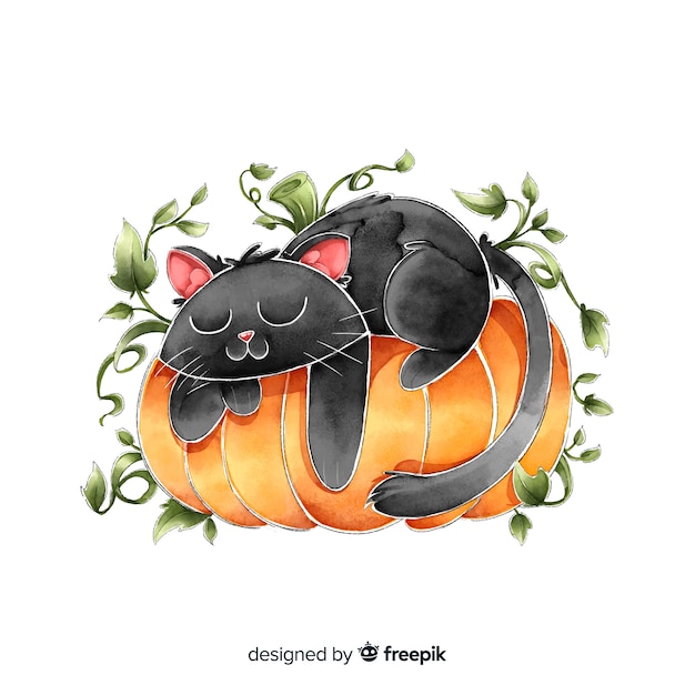 Watercolor halloween black cat sleeping on a pumpkin