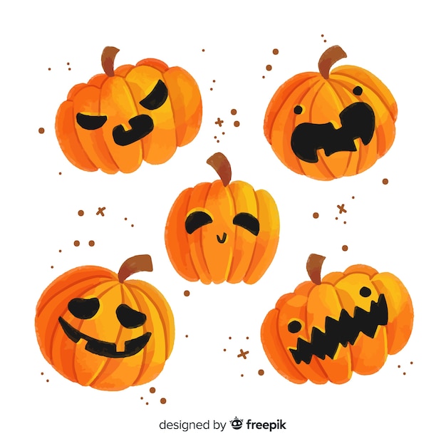 Free vector watercolor halloween carved pumpkin collection