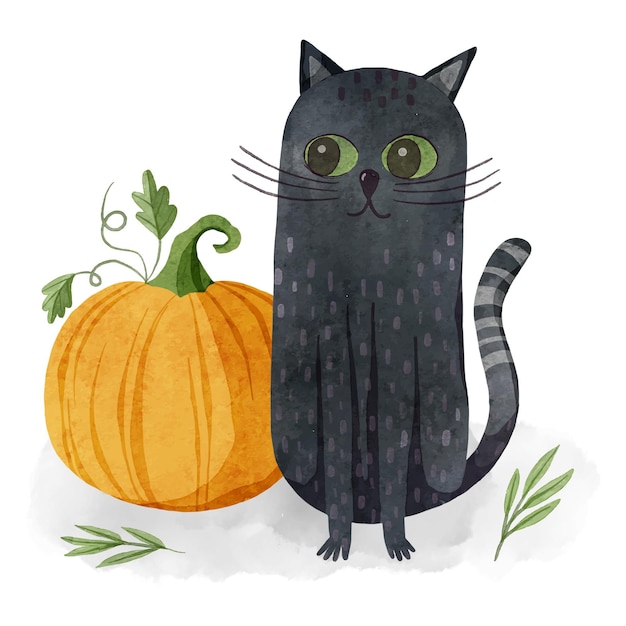 Vettore gratuito illustrazione dell'acquerello del gatto di halloween