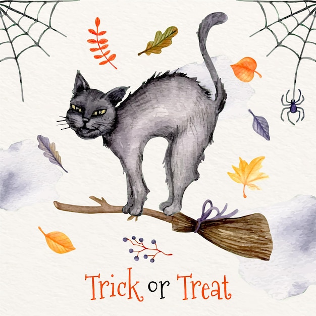 Vettore gratuito illustrazione dell'acquerello del gatto di halloween