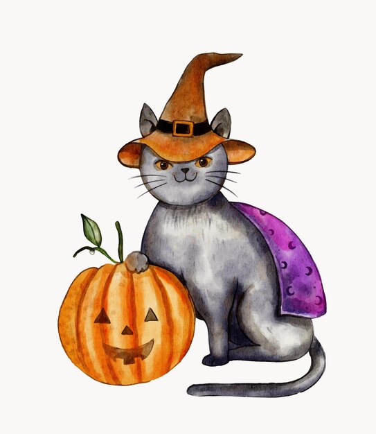 水彩のハロウィーンの猫のイラスト