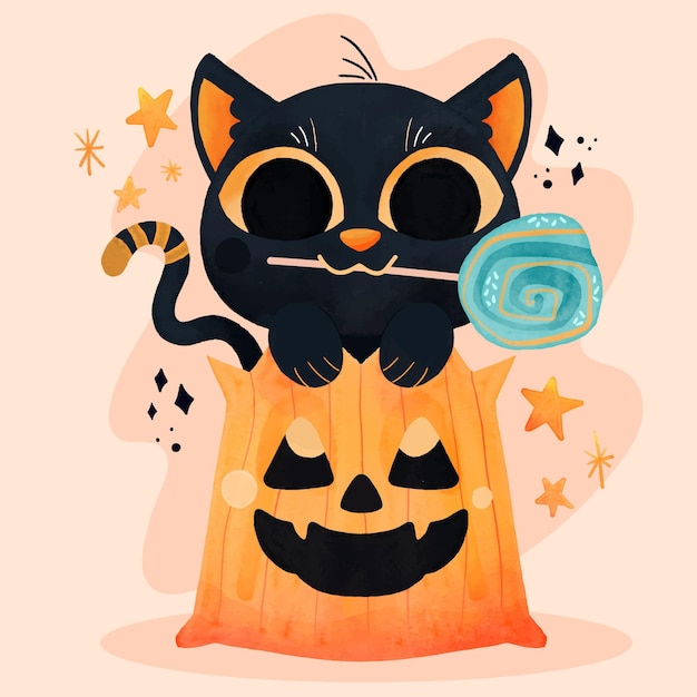 水彩のハロウィーンの猫のイラスト