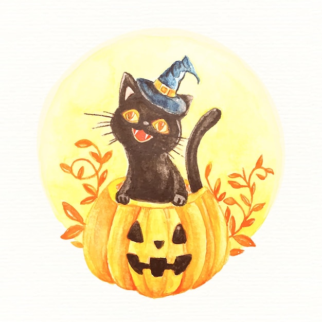 Акварель хэллоуин кошка