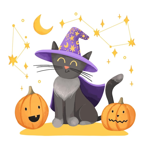 Vettore gratuito gatto di halloween dell'acquerello