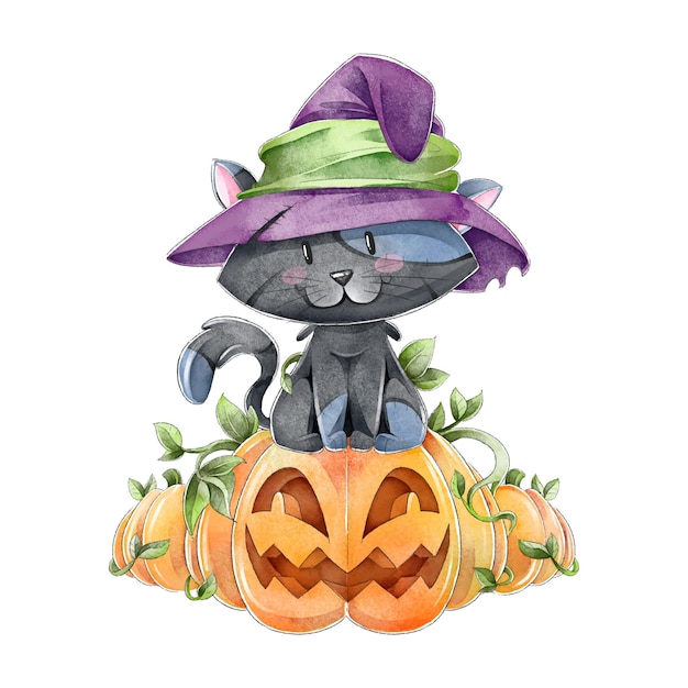 Watercolor halloween cat