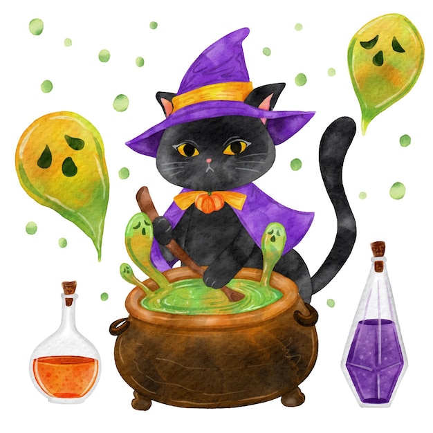 Бесплатное векторное изображение Акварель хэллоуин кошка