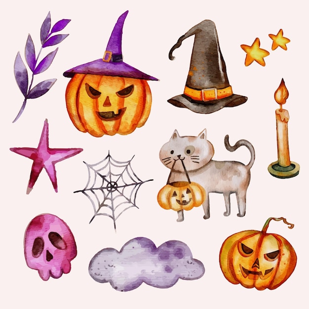 Бесплатное векторное изображение Коллекция акварельных элементов хэллоуина