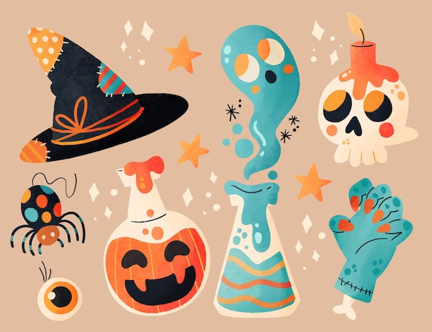 Watercolor halloween elements collection