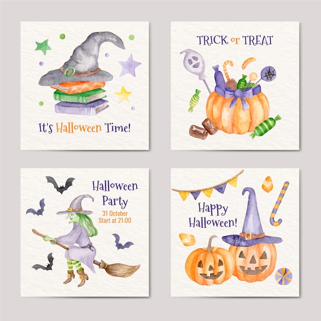 Watercolor halloween instagram posts collection