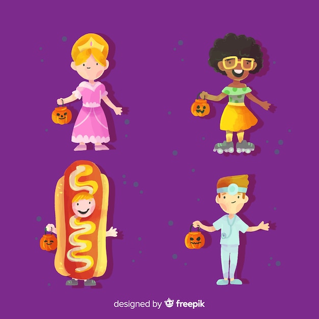 Vettore gratuito collezione di costumi per bambini dell'acquerello di halloween