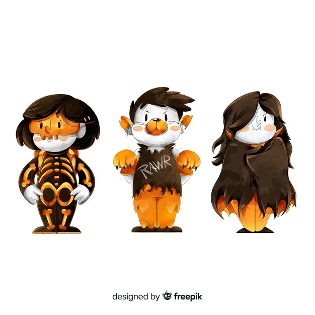 Free vector watercolor halloween kid costumes collection