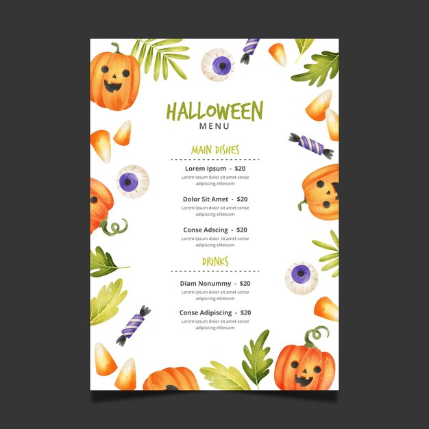 Watercolor halloween menu template