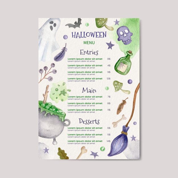 Watercolor halloween menu template