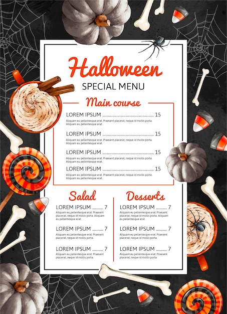 Vettore gratuito modello di menu di halloween ad acquerello