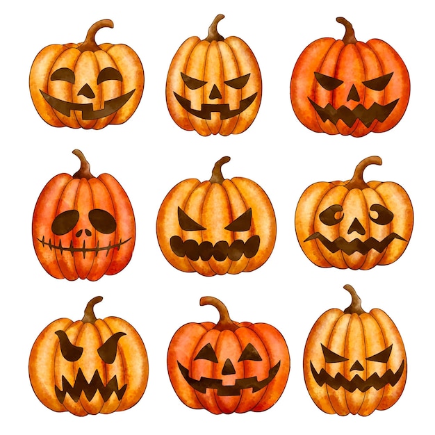 Free vector watercolor halloween pumpkins collection