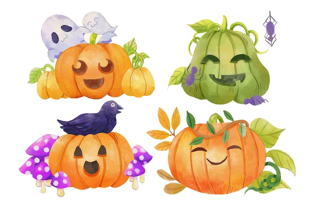 Vettore gratuito illustrazione dell'acquerello delle zucche di halloween