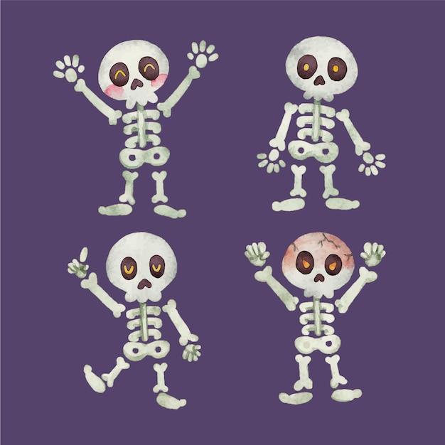 Free vector watercolor halloween skeletons collection