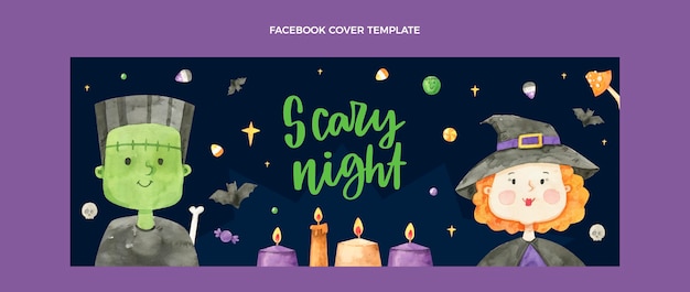 Vettore gratuito modello di copertina per social media di halloween ad acquerello