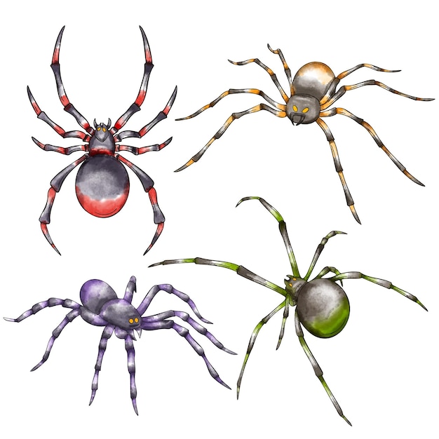 Vettore gratuito collezione di ragni di halloween ad acquerello