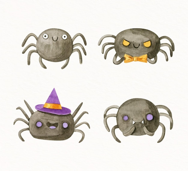 Watercolor halloween spiders collection