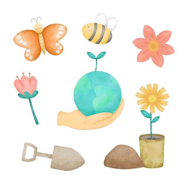 Watercolor hand drawing icons for environmental set