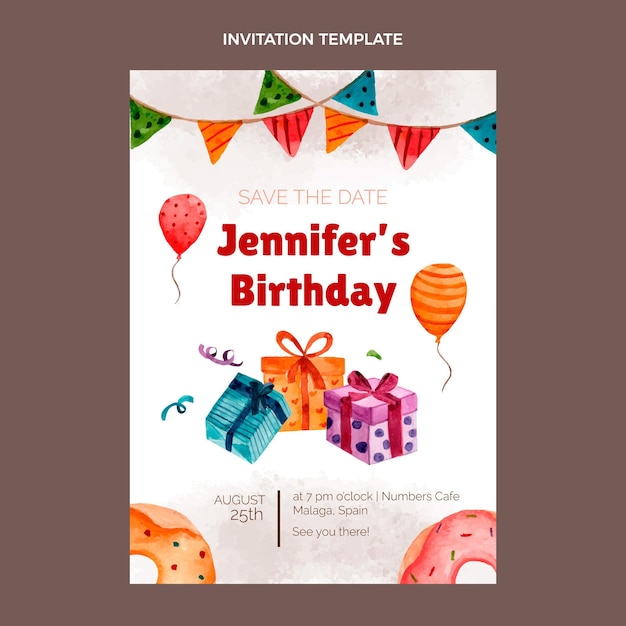 Watercolor hand drawn birthday invitation