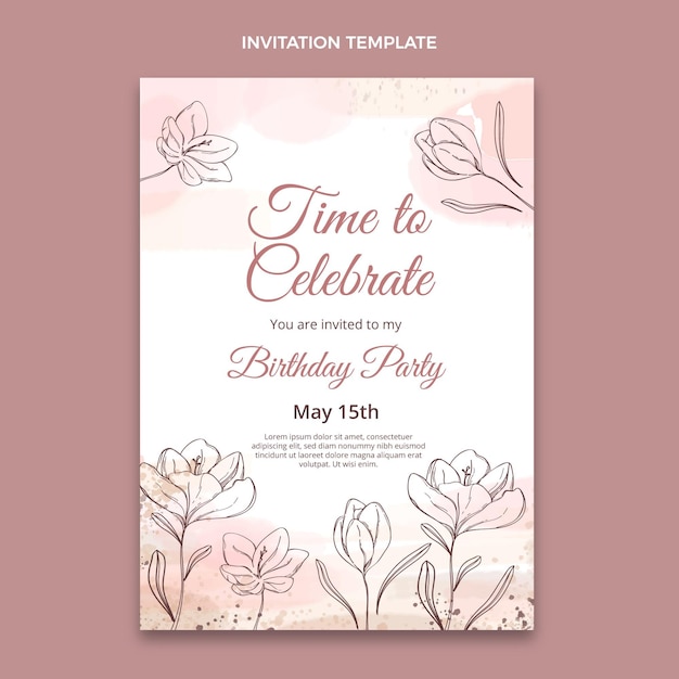 Watercolor hand drawn birthday invitation