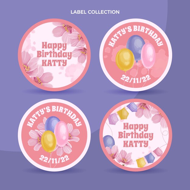 Watercolor hand drawn birthday label and badges