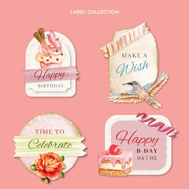 Free vector watercolor hand drawn birthday labels