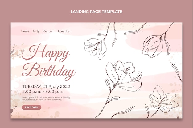 水彩手描きの誕生日のランディングページ