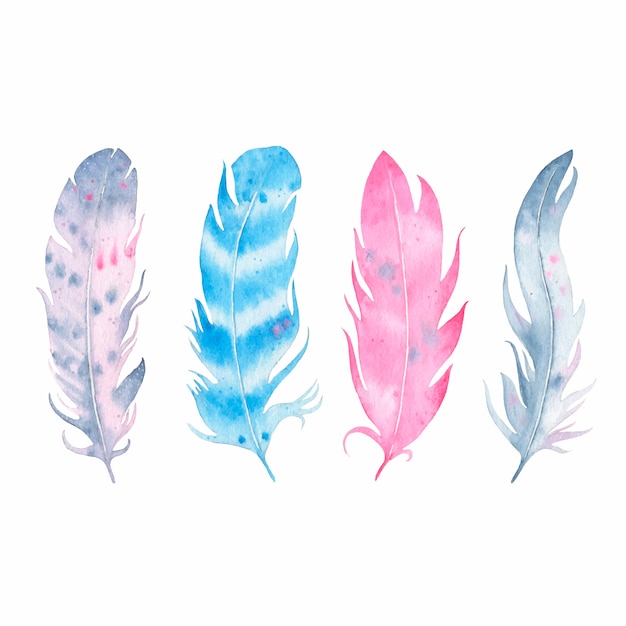 Free vector watercolor hand drawn boho feather set isolated on white