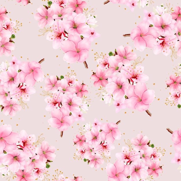 watercolor hand drawn cherry blossom seamless pattern