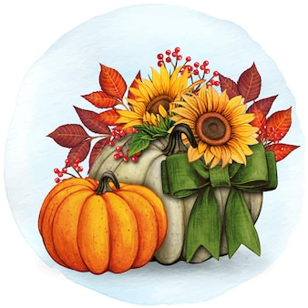 Watercolor hand drawn fall pumpkin composition