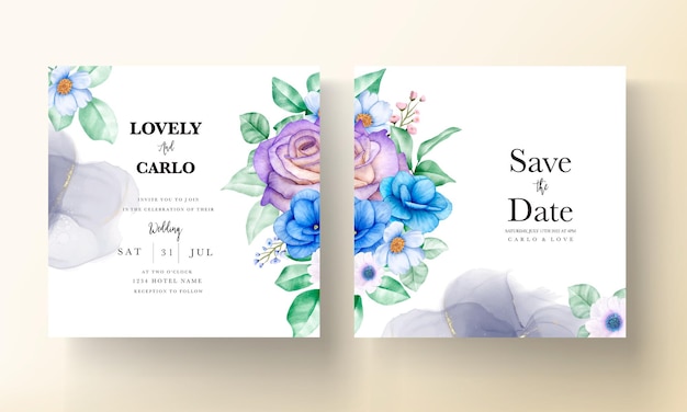 水彩手描き花の結婚式の招待カードテンプレート Premiumベクター