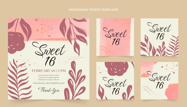 Watercolor hand drawn sweet 16 instagram posts collection