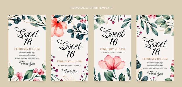 Watercolor hand drawn sweet 16 instagram stories collection