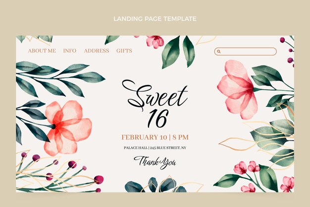 Watercolor hand drawn sweet 16 landing page template
